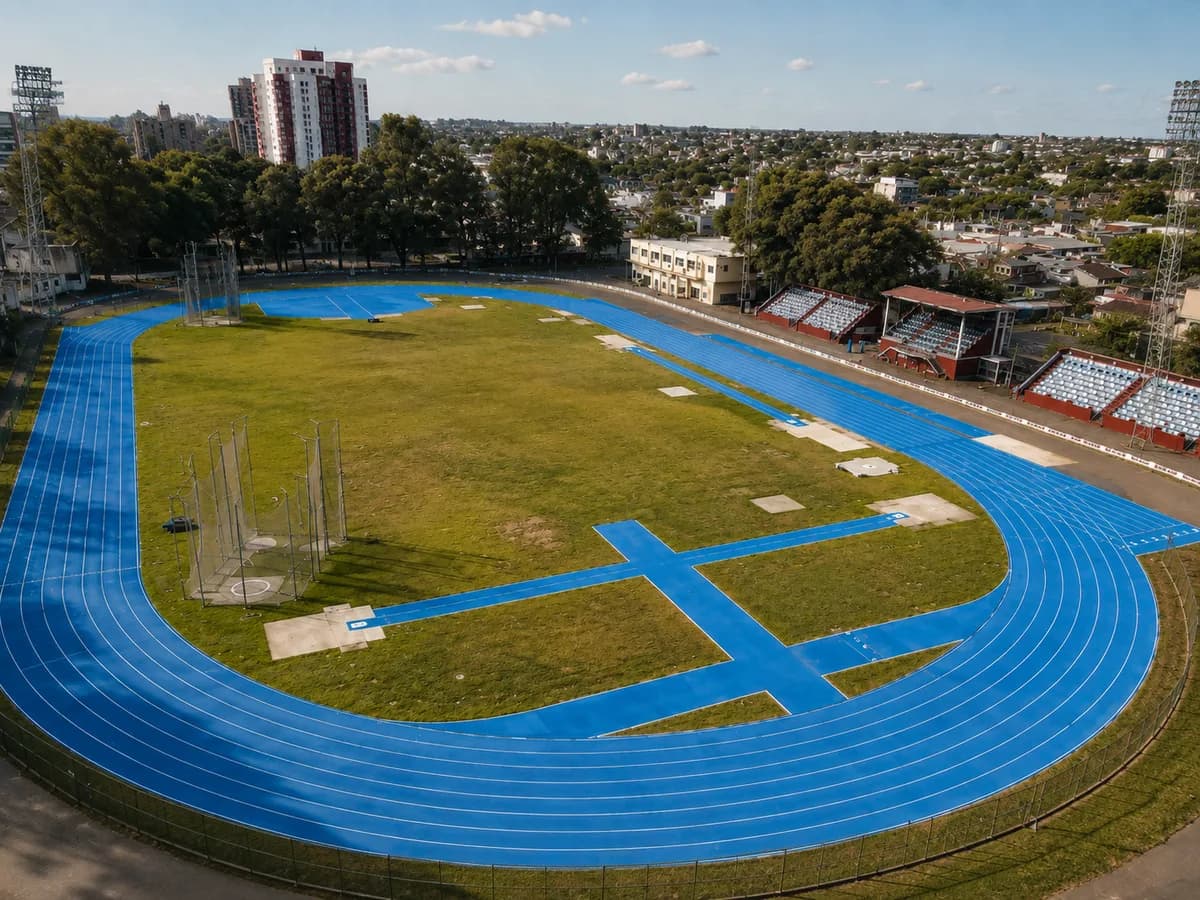 Vista aérea de la pista de atletismo del Estadio Municipal Jorge Newbery, en Rosario