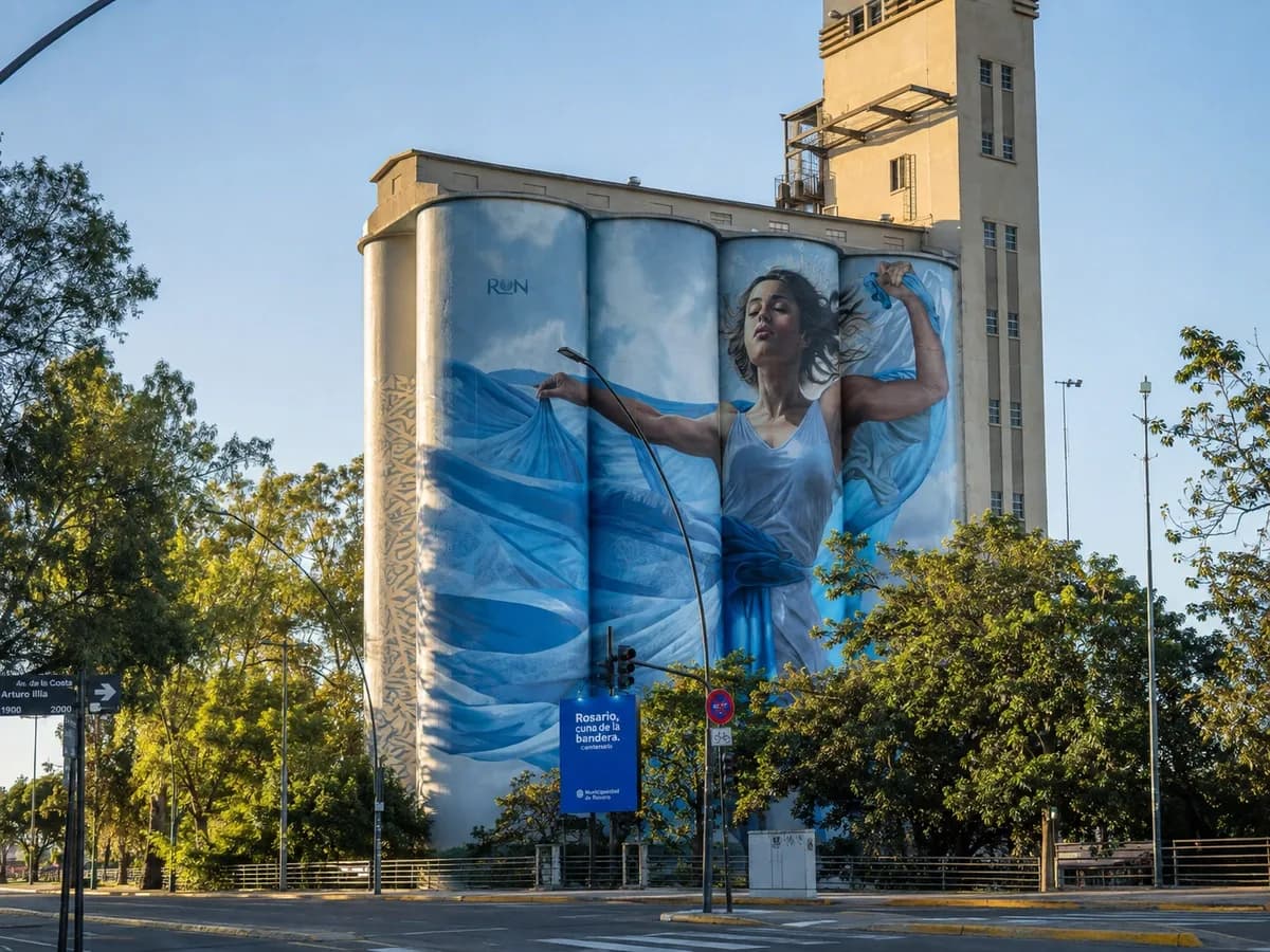 Los silos del Museo de Arte Contemporáneo de Rosario, con el mural sobre la ribera del Paraná